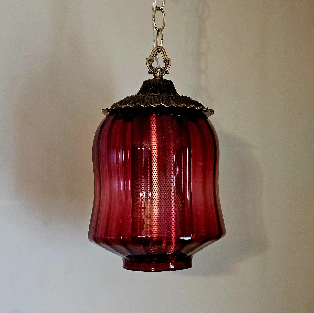 Deep RED Vintage Glass Globe Hanging Light Swag Lamp Retro Diffuser Plug-in